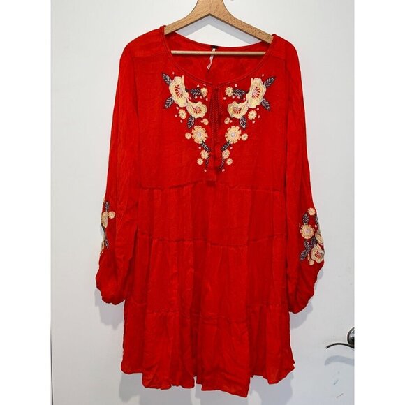Free People Spell On You Poppy Red Floral Embroidered Peasant Dress Small Boho B - Picture 2 of 9